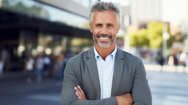 Confident happy smiling mature businessman standing with crossed arms in the city, wearing gray business suit, looking at camera