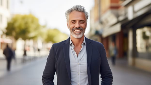 Confident happy smiling bearded mature businessman standing in the city, wearing business suit, looking at camera