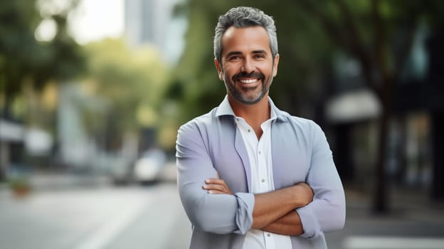 Confident happy smiling mature Hispanic entrepreneur standing in sunny city, wearing shirt and looking at camera