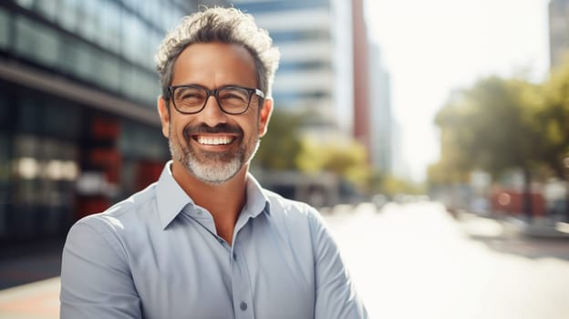 Confident happy smiling mature Hispanic entrepreneur standing in glasses in sunny city, wearing shirt and looking away