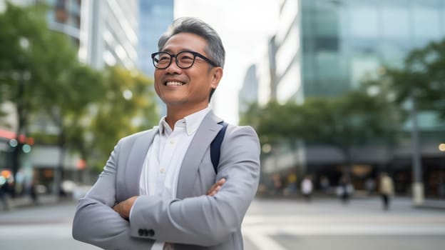 Confident happy smiling mature Asian businessman with crossed arms standing in the city, wearing glasses, gray business suit, looking away