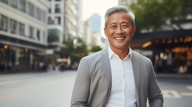 Confident happy smiling mature Asian businessman standing in the city, wearing gray business suit, looking at camera