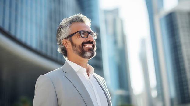 Confident happy smiling bearded mature Middle Eastern businessman standing in the city, wearing business suit, glasses and looking away