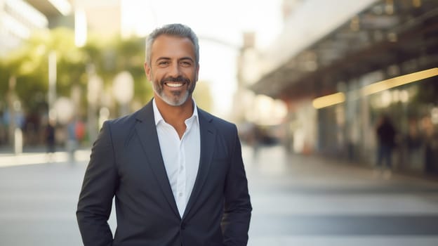 Confident happy smiling bearded mature Middle Eastern businessman standing in the city, wearing business suit and looking at camera