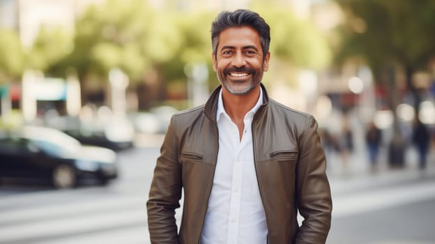 Confident happy smiling Indian mature entrepreneur standing in the city, wearing jacket and looking at camera