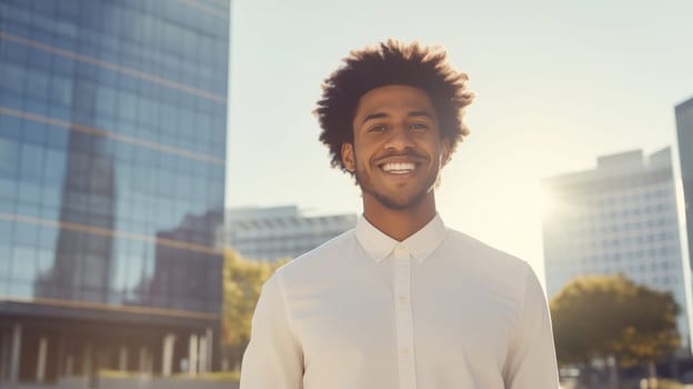 Confident happy smiling young black entrepreneur standing in sunny city, wearing white shirt, against building and looking at camera
