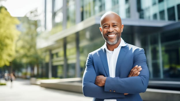 Successful strong happy smiling mature African businessman standing in the city, wearing blue business suit, looking at camera
