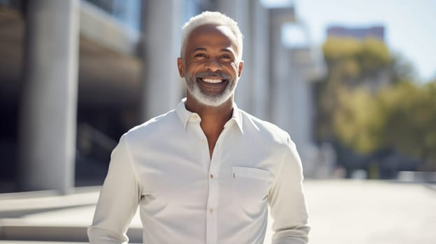 Confident happy smiling mature African businessman standing in the city, wearing white shirt, looking at camera