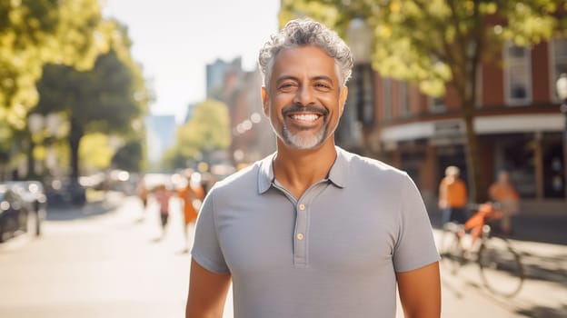 Confident happy smiling mature Hispanic entrepreneur standing in sunny city, wearing shirt and looking at camera
