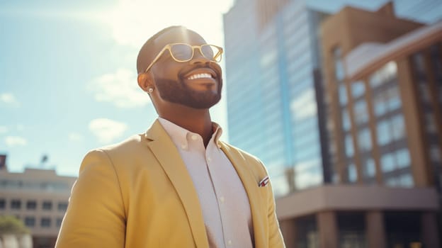 Stylish cheerful happy smiling black entrepreneur standing in the city, wearing glasses, yellow business suit and looking away