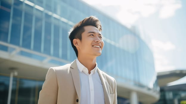 Confident happy smiling young Asian businessman standing in the city, wearing gray business suit, looking away