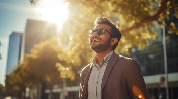 Confident happy smiling Indian entrepreneur standing in the city, wearing business suit and looking away