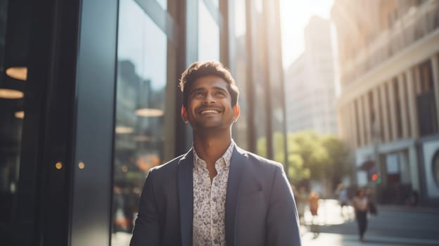 Confident happy smiling Indian entrepreneur standing in the city, wearing business suit and looking away