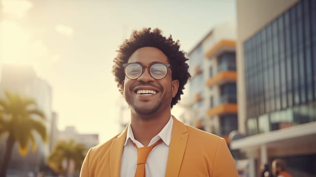 Stylish cheerful happy smiling black entrepreneur standing in the city, wearing glasses, yellow business suit and looking away