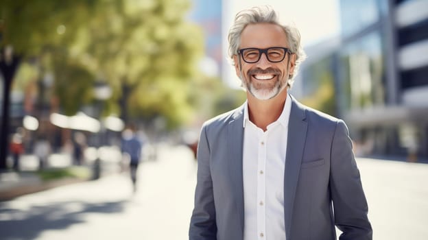 Confident happy cheerful smiling bearded mature businessman standing in sunny city, wearing gray business suit and glasses, looking at camera