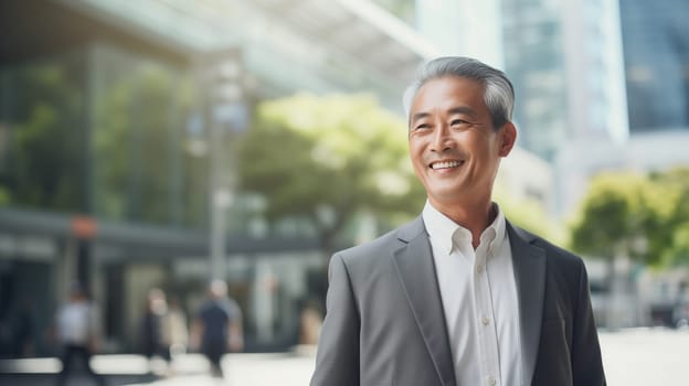 Confident happy smiling mature Asian businessman standing in the city, wearing gray business suit, looking away
