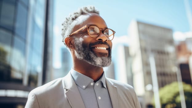 Portrait of confident happy smiling mature black businessman standing in the city, wearing glasses, business suit, looking away