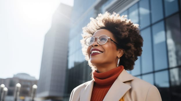 Portrait of stylish happy smiling mature black business woman standing in the city, wearing glasses, casual clothes, accessory and looking away