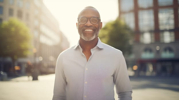 Successful happy smiling mature African businessman standing in the city, wearing white shirt and glasses, looking at camera