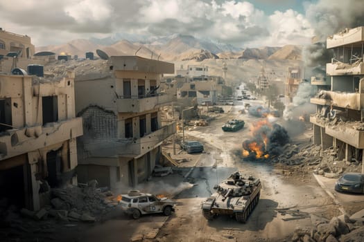 conflict between Israel and Iran. Concept of war in the Middle East. Tank in a destroyed desert city. Combat actions