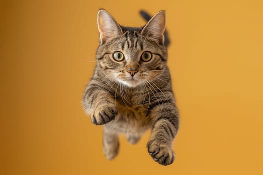 funny cat flying. photo of a playful tabby cat jumping mid-air looking at camera.