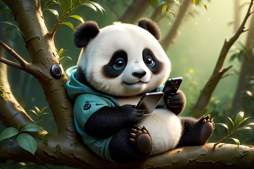 panda sits on a branch and reads on the phone .