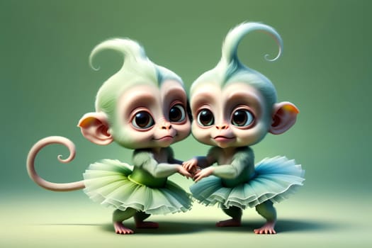 cute ballerina monkeys, isolated on a green background .