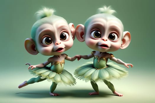 cute ballerina monkeys, isolated on a green background .