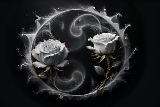 two roses intertwined in the sign of Yin and Yang, isolated on a black background .