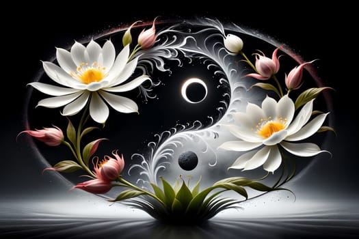 Yin Yang symbol with beautiful flowers, beautiful harmony. mindfulness lifestyle concept art, spiritual awareness, soul mental health, self care, healthy habits .