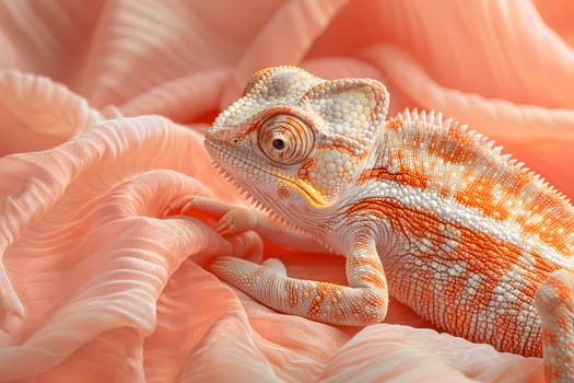 An orange reptile, a chameleon, is resting on a pink blanket. This terrestrial animal, a scaled reptile, blends in perfectly with its surroundings