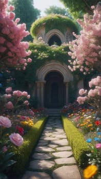 Beautiful blooming garden with flowers in spring time, vintage style. Generative AI.