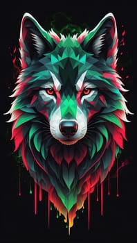 Wolf head with colorful paint splashes on black background. 3d illustration. Generative AI.