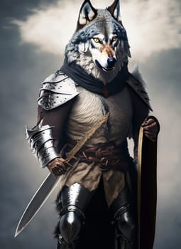 Portrait of a wolf warrior in armor with a sword and shield. Generative AI.