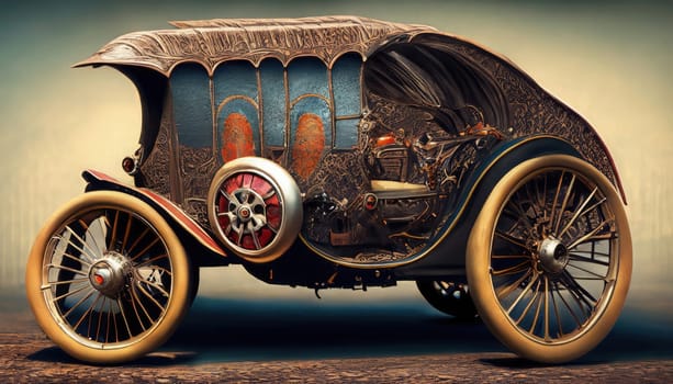 Vintage car model on a wooden background. 3d illustration. Generative AI.