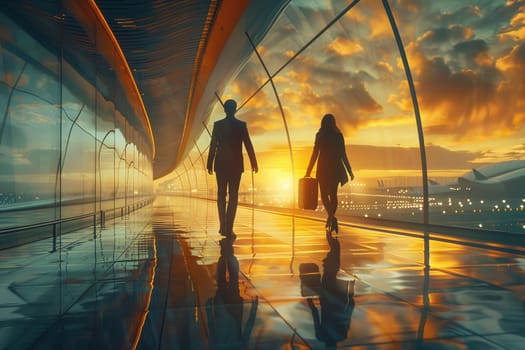 A man and woman walk through a glass tunnel with a sunset in the background. The man is carrying a briefcase and the woman is carrying a suitcase