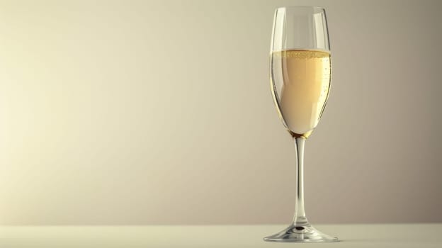 A glass of champagne is sitting on a table. The glass is half full and the liquid inside is clear. Concept of celebration and relaxation, as champagne is often associated with special occasions