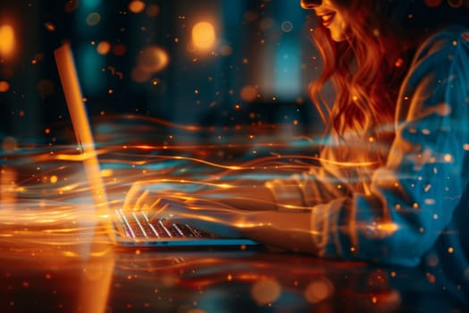 A woman is typing on a laptop in a room with a lot of light. The room is filled with bright lights and the woman is smiling. The laptop is open and the woman is focused on her work