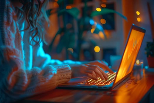 A woman is typing on a laptop in a dimly lit room. The atmosphere is cozy and intimate, with a sense of warmth and comfort. The woman is focused on her work, but there is also a sense of relaxation