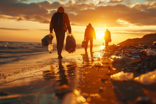 Three people are walking on a beach, carrying trash bags. The sun is setting, creating a warm and peaceful atmosphere. The scene conveys the importance of keeping our environment clean