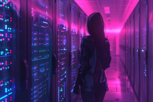 A woman is walking through a brightly lit room with neon lights. The room is filled with rows of computer servers, and the woman is looking at them. Scene is futuristic and technological