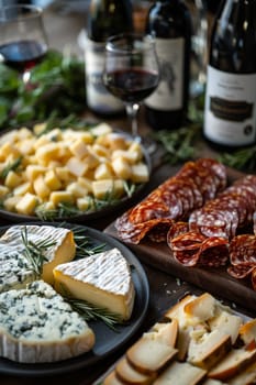 A table with a variety of cheeses and meats, including a cheese board with blue cheese and a plate of salami