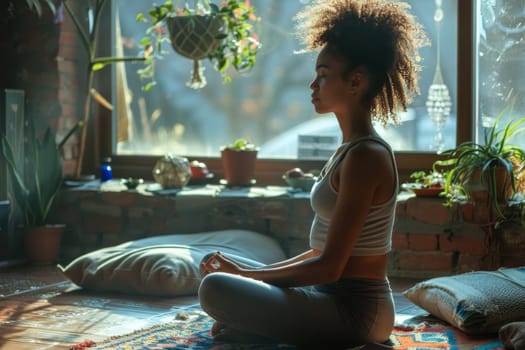 A woman is sitting on a rug in a room with plants and a window. She is meditating and she is in a peaceful and calm state