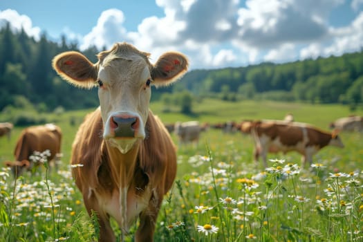 A cow is standing in a field of flowers. The cow is looking at the camera. There are other cows in the field as well