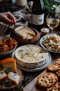 A table with a variety of cheeses, crackers, and wine. The table is set for a party or gathering
