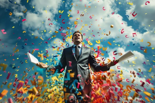 A man in a suit is surrounded by a cloud of paper letters. Concept of chaos and confusion, as the man is frantically trying to gather the scattered letters