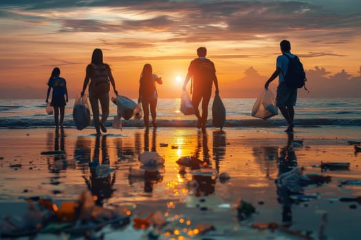 A group of people are walking on the beach, picking up trash. The sun is setting, creating a beautiful and serene atmosphere. The scene conveys the importance of taking care of the environment