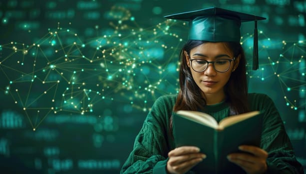 A woman wearing a green cap and glasses is reading a book by AI generated image.