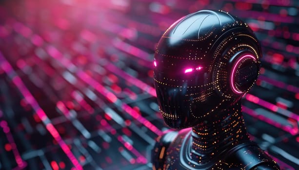 A robot with a pink face stands in front of a pink background by AI generated image.