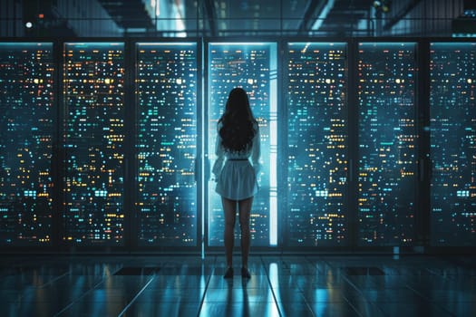 A woman stands in front of a large computer screen, looking out at the city below. Concept of awe and wonder at the vastness of the digital world and the power of technology